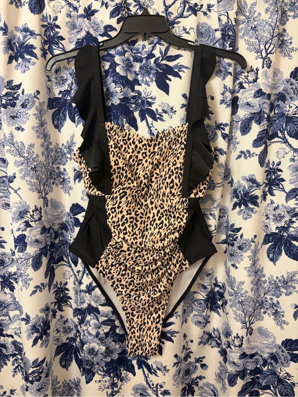 Leopard Print One-Piece Swimsuit with Black Ruffle Accents